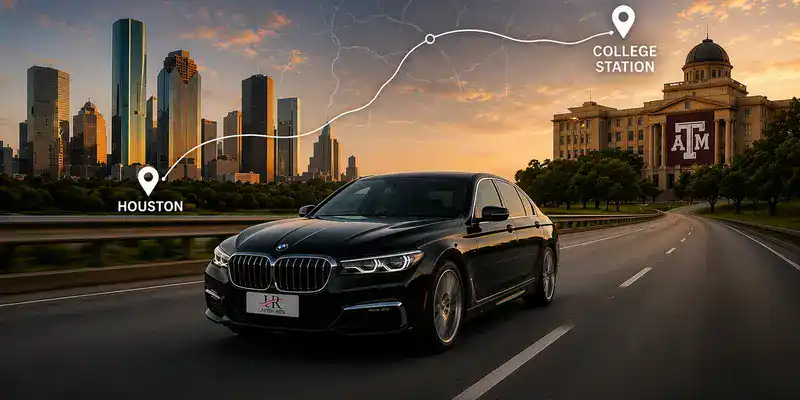 Houston to College Station route snapshot graphic featuring a BMW 7 Series luxury sedan with Lavish Ride branding, showcasing private travel distance, drive time, Texas A&M destination, and premium intercity transportation.